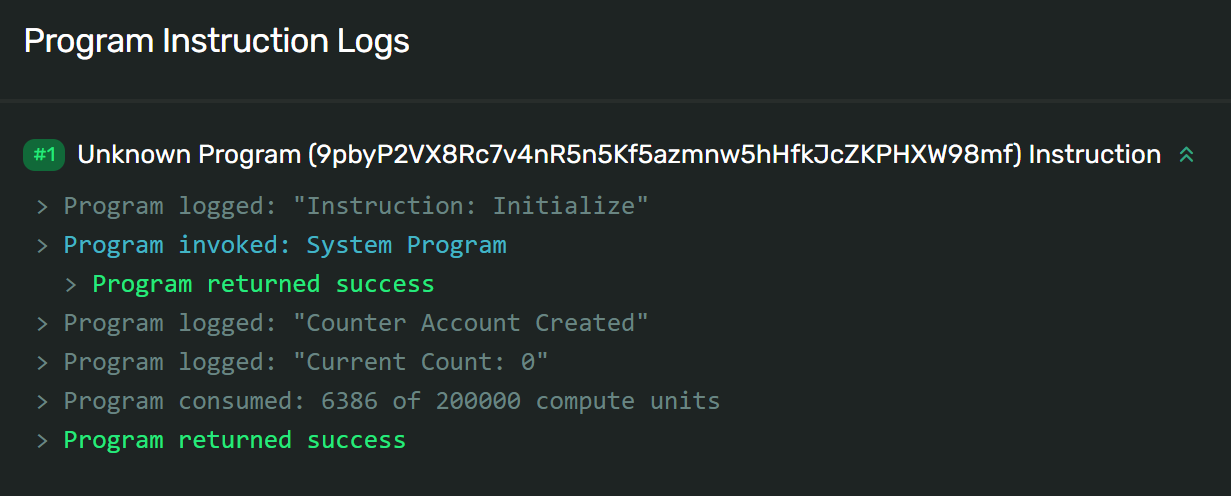 Screenshot of Initialize Program Log