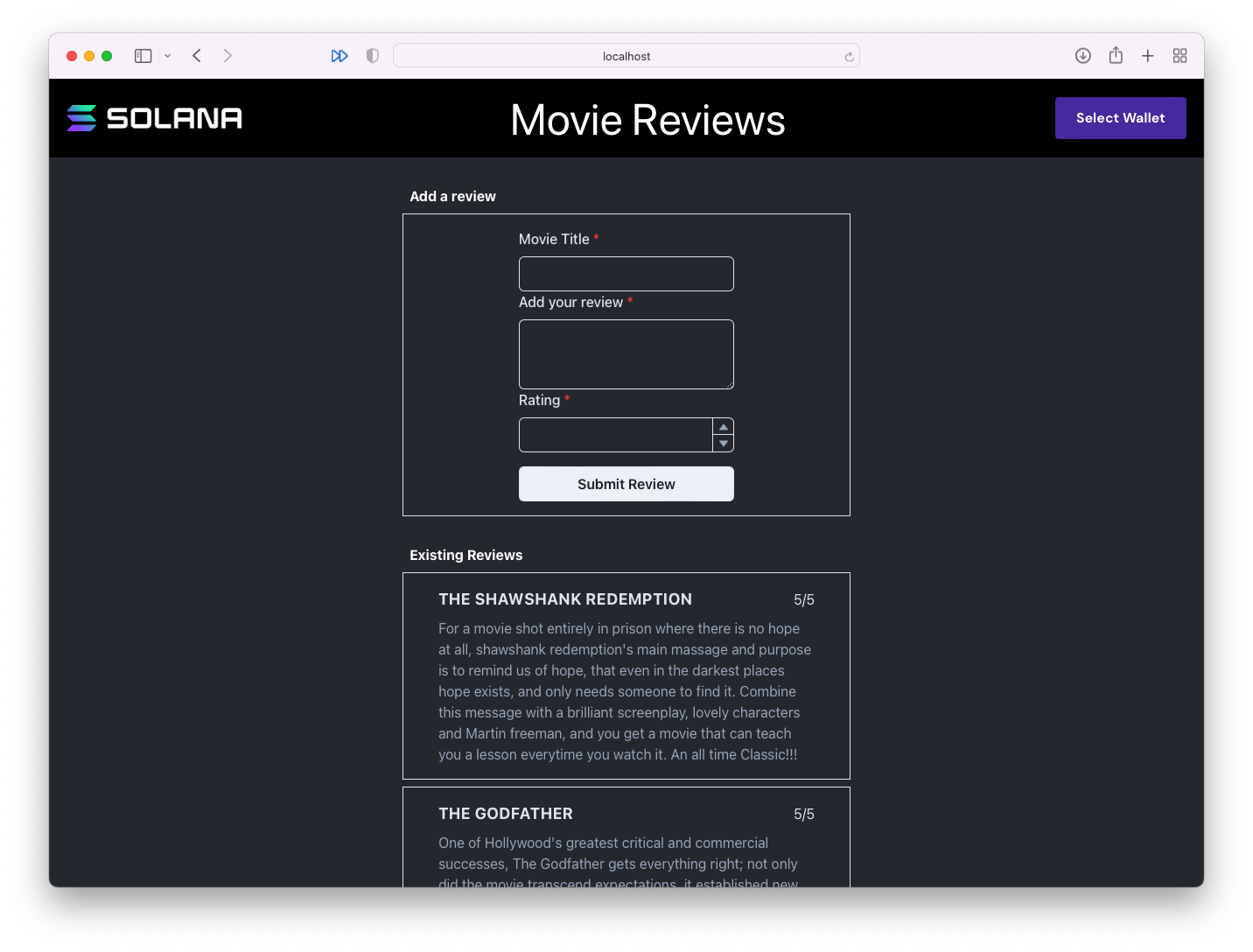 Screenshot of movie review frontend