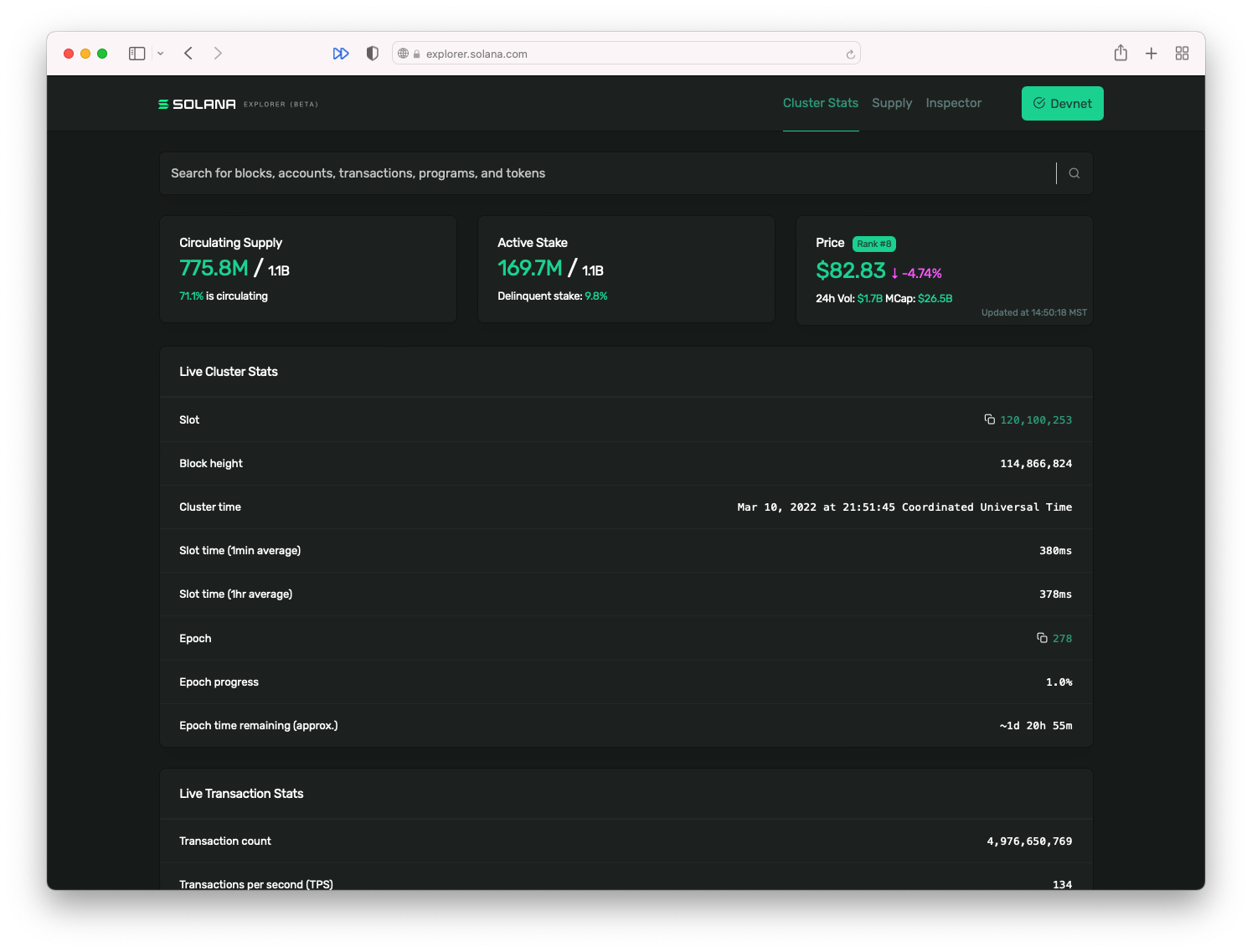 Screenshot of Solana Explorer set to Devnet