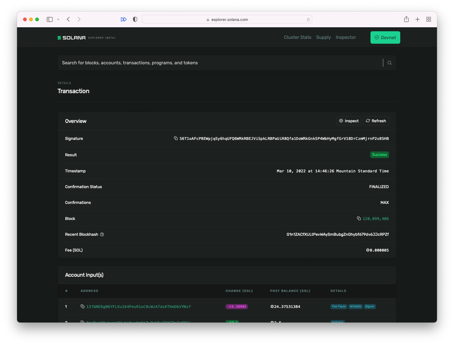 Screenshot of Solana Explorer with details about a transaction